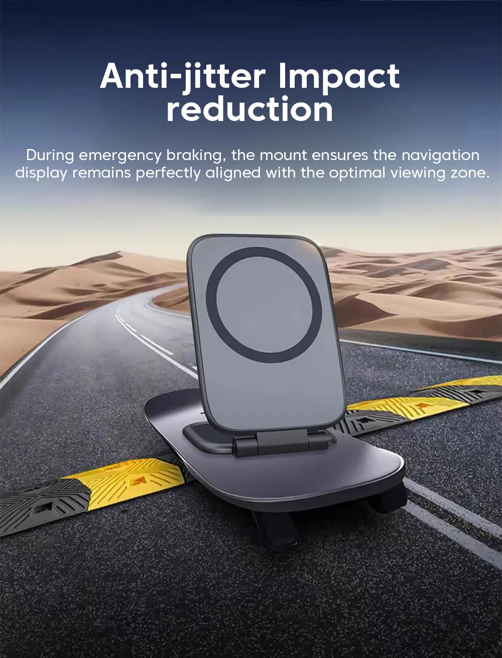 Black anti-vibration magnetic phone holder with wide base on dashboard