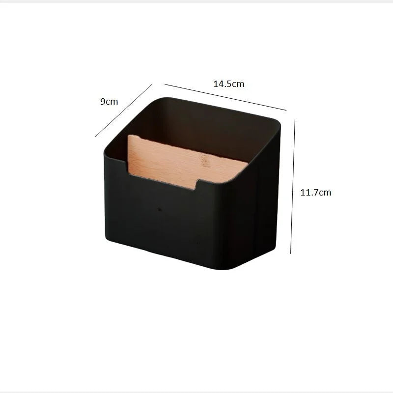 Black plastic desktop organizer box with open top and wood insert card tray