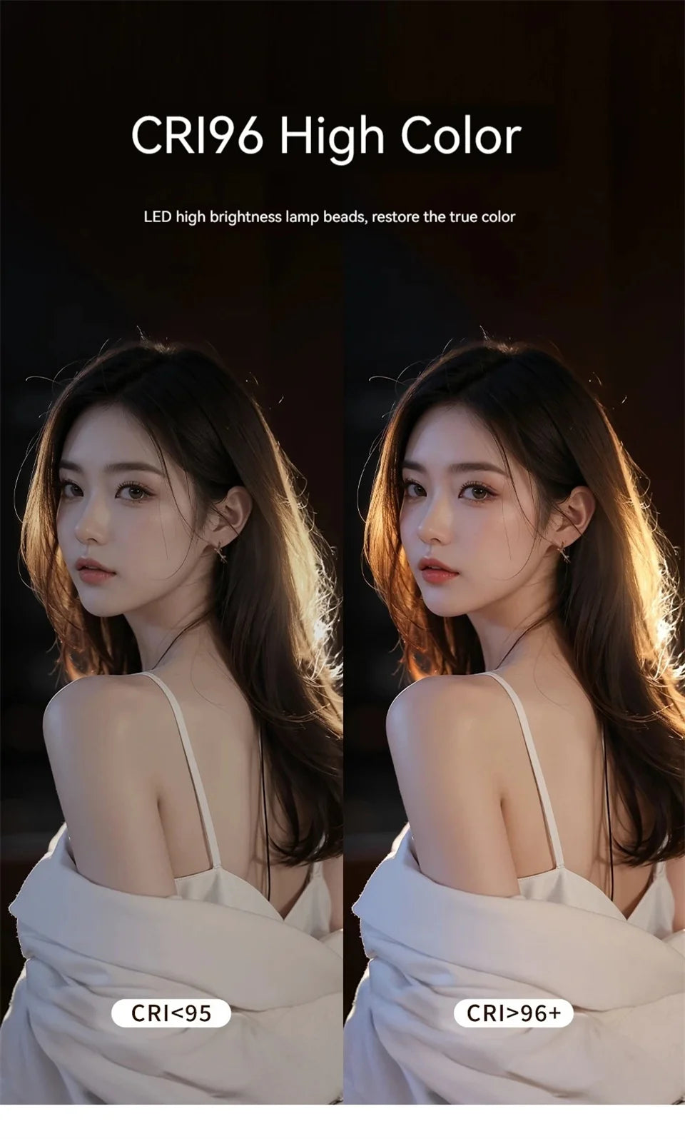 LED fill light effect on a model in a white top showing different CRI values