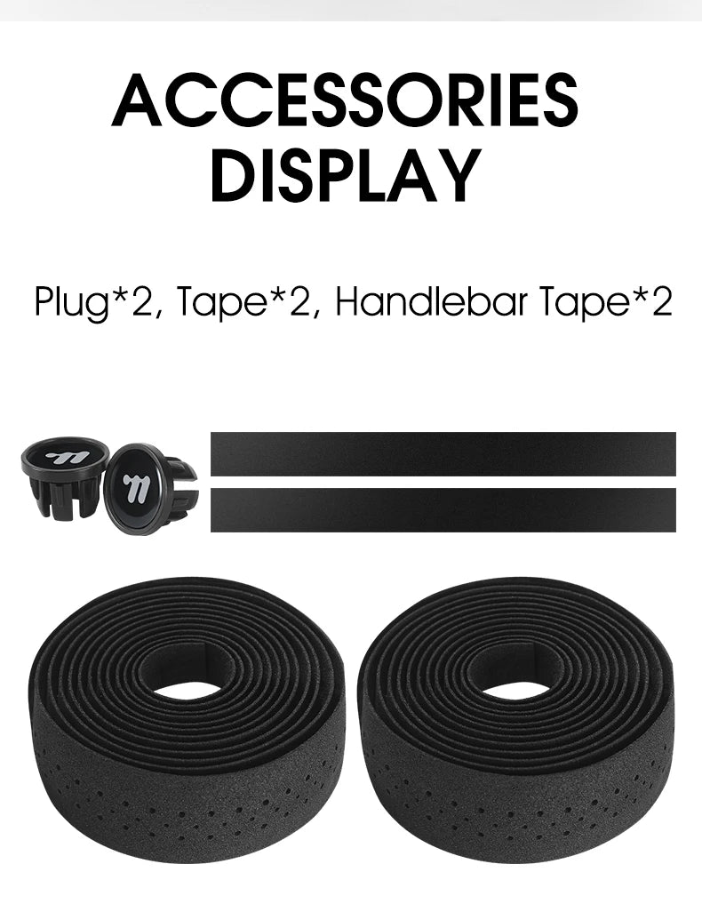Black EVA bicycle handlebar tape rolls with end plugs, textured and perforated grip surface
