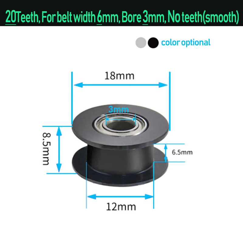 GT2 idler timing pulley, smooth wheel, 3mm bore, black bearing
