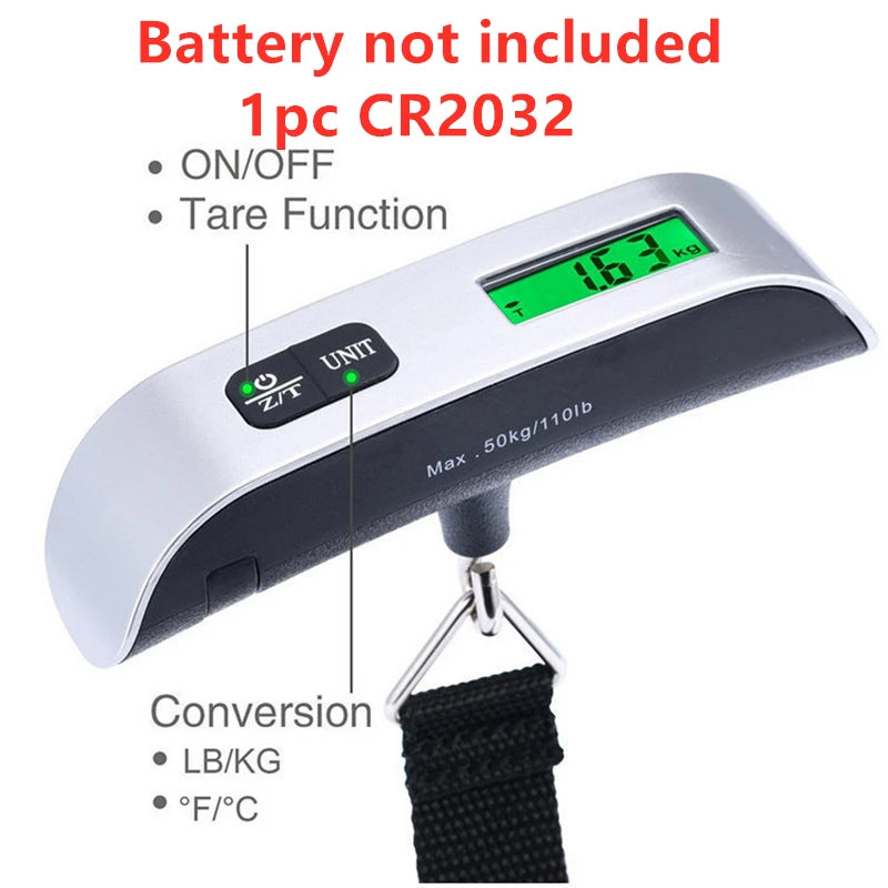 Portable hanging scale with green LCD reading and black webbing strap with metal hook