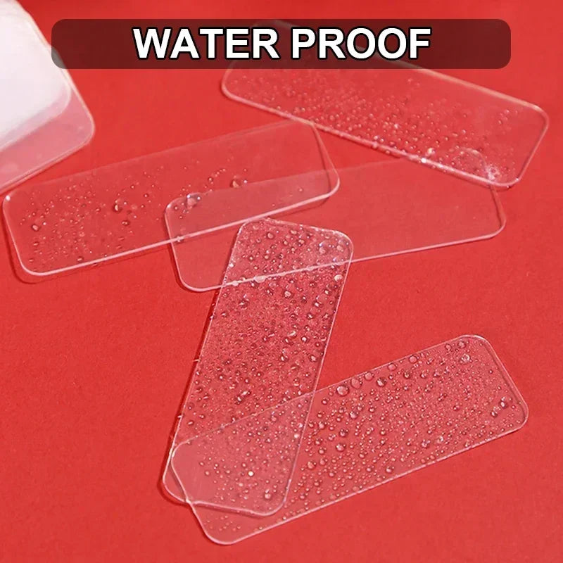 Transparent waterproof adhesive tabs with visible water droplets