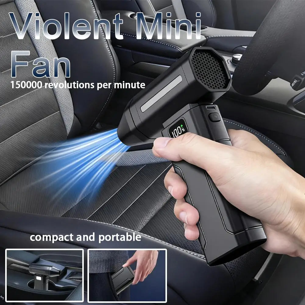 Black handheld air blower fan on car seat with nozzle blowing airflow