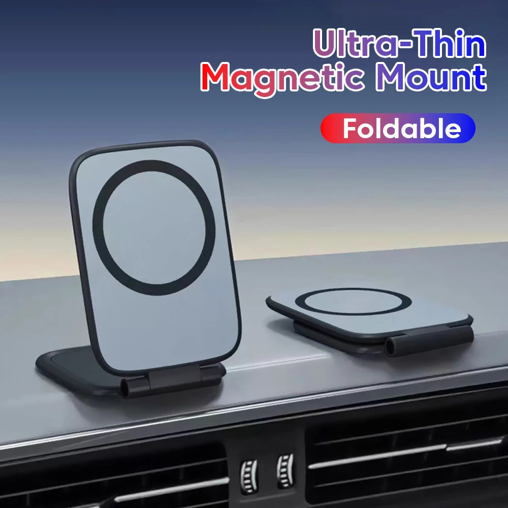 Black foldable magnetic phone holder with circular magnet pad on dash mount