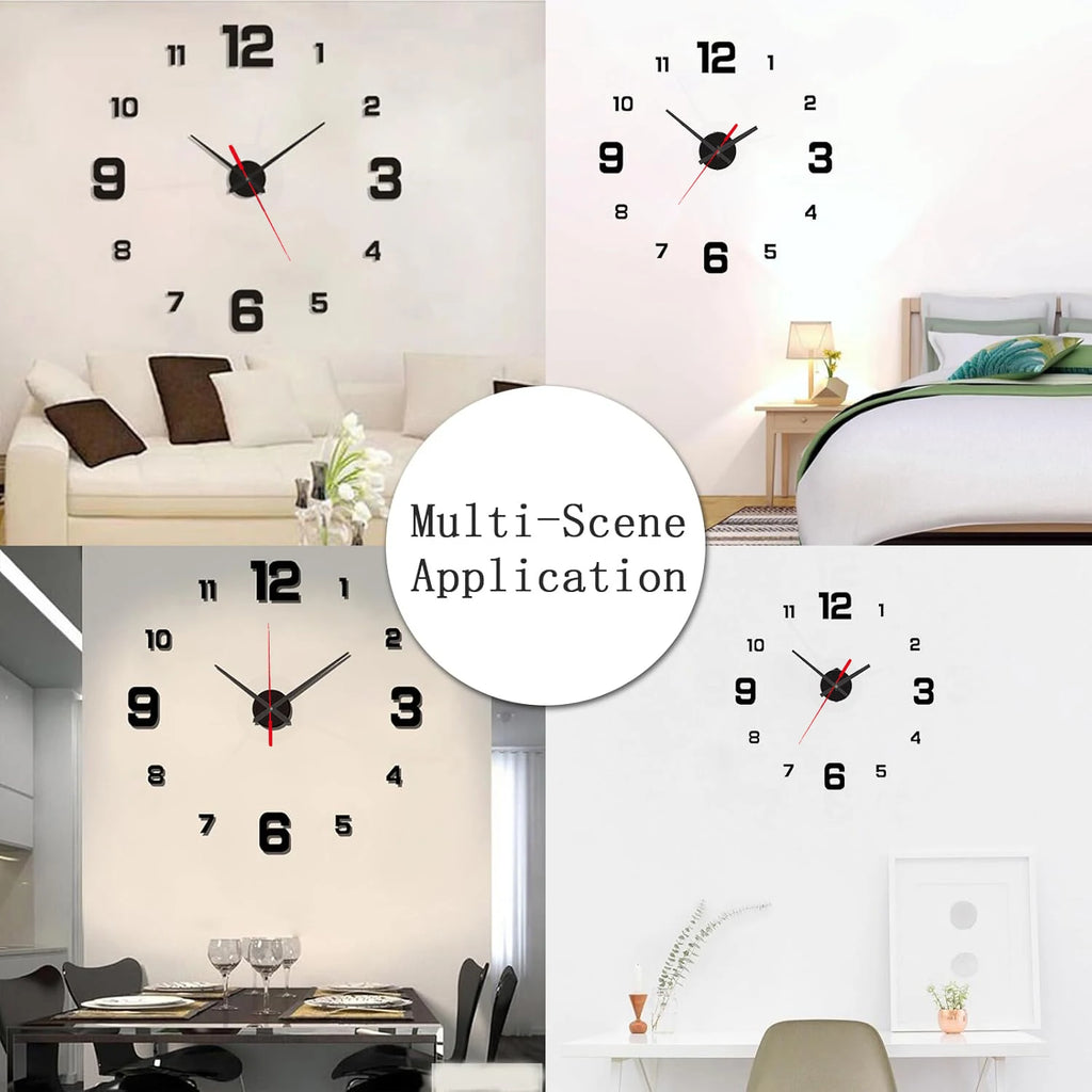 DIY wall clock sticker set showing multiple placements with black hands, red second hand, 1–12.