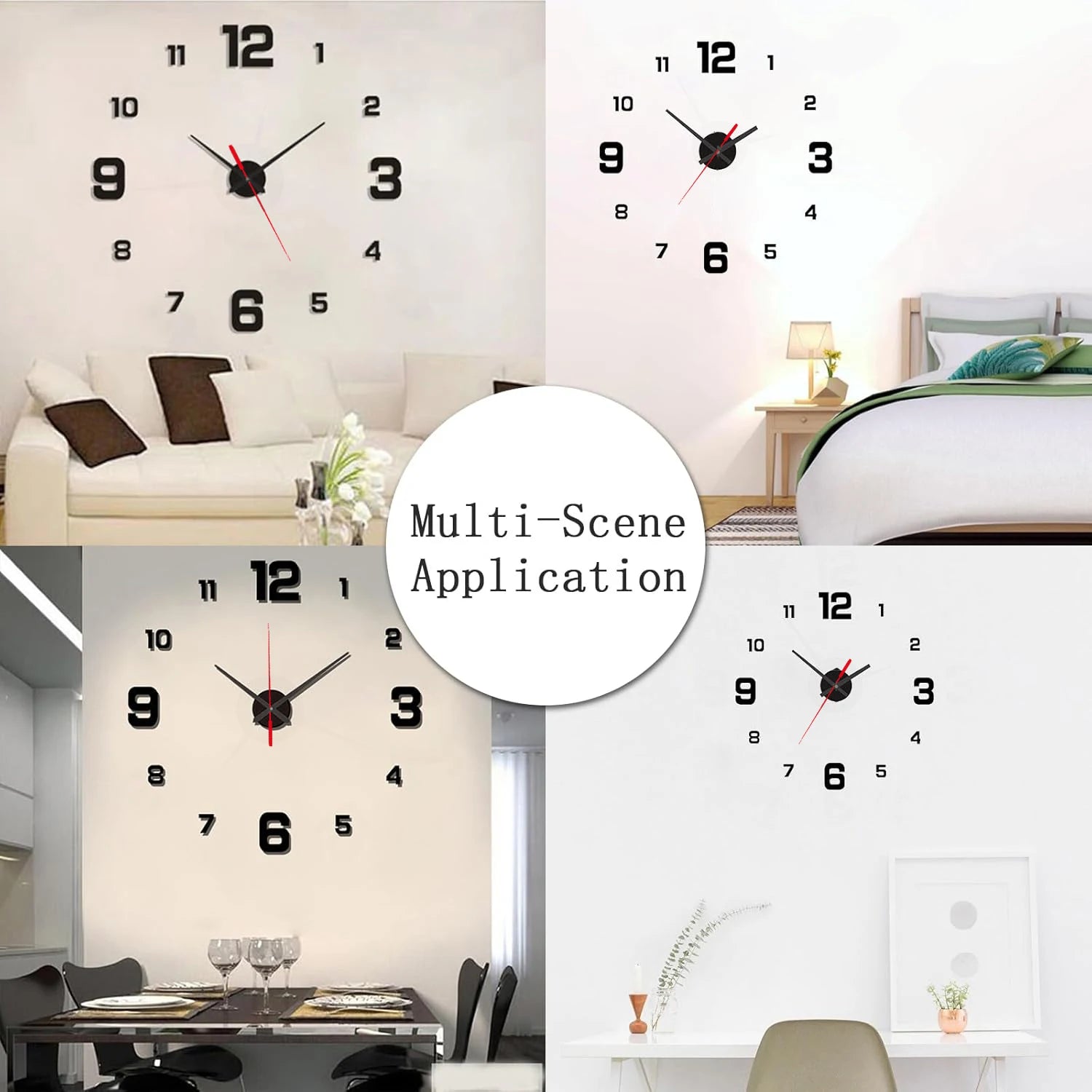 DIY wall clock sticker set showing multiple placements with black hands, red second hand, 1–12.
