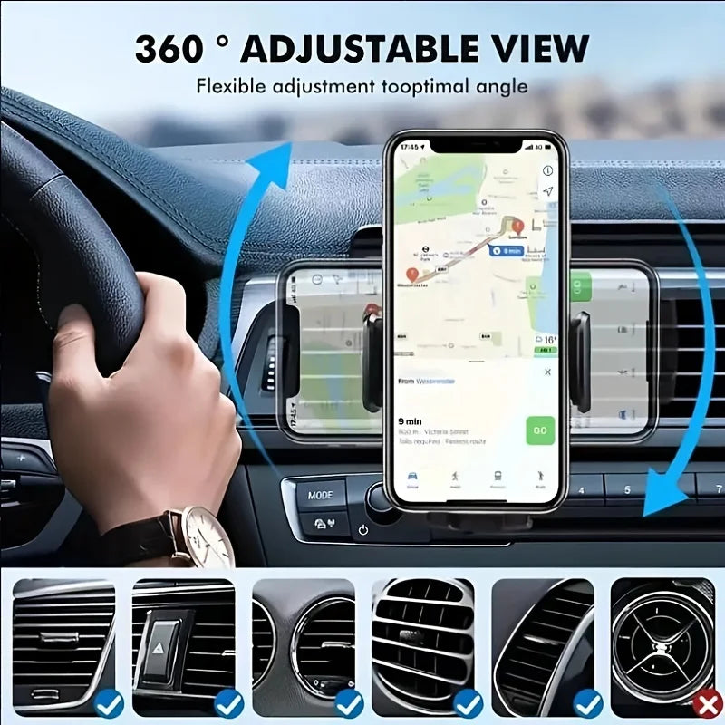 Black car air-vent phone holder with adjustable cradle arms holding a smartphone