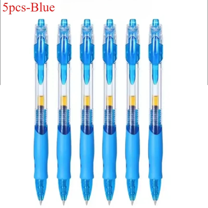 Retractable gel pen set with blue pens, translucent barrel and blue ink