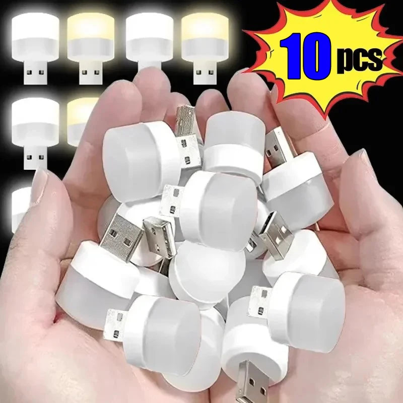 Set of mini round USB night lights with white bulb heads and USB plugs