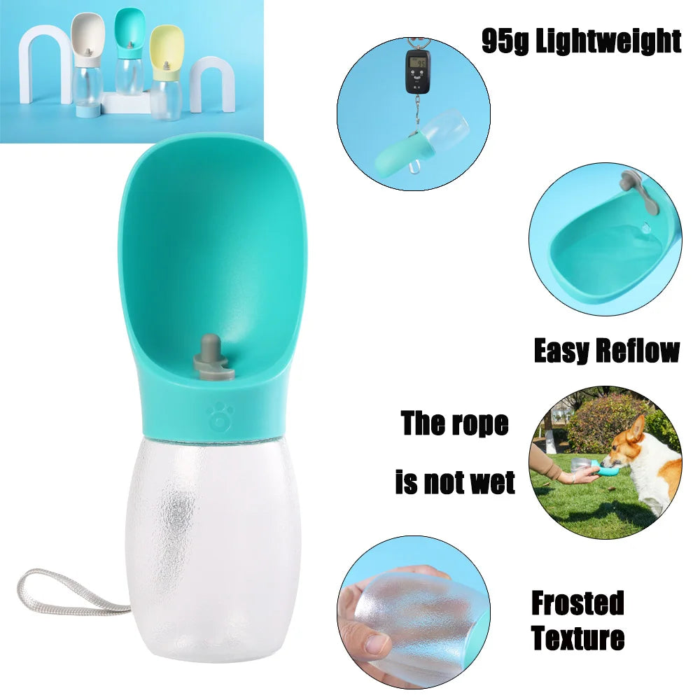 Turquoise and white pet water bottle, with tether strap and push spout