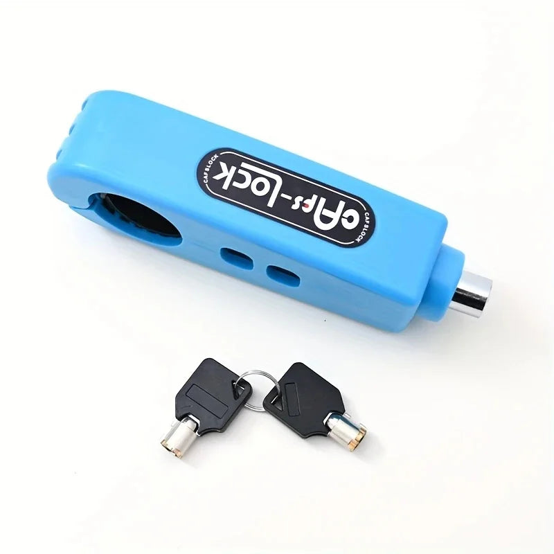 Blue handlebar grip anti-theft lock with AfS-Lock label and side key slot