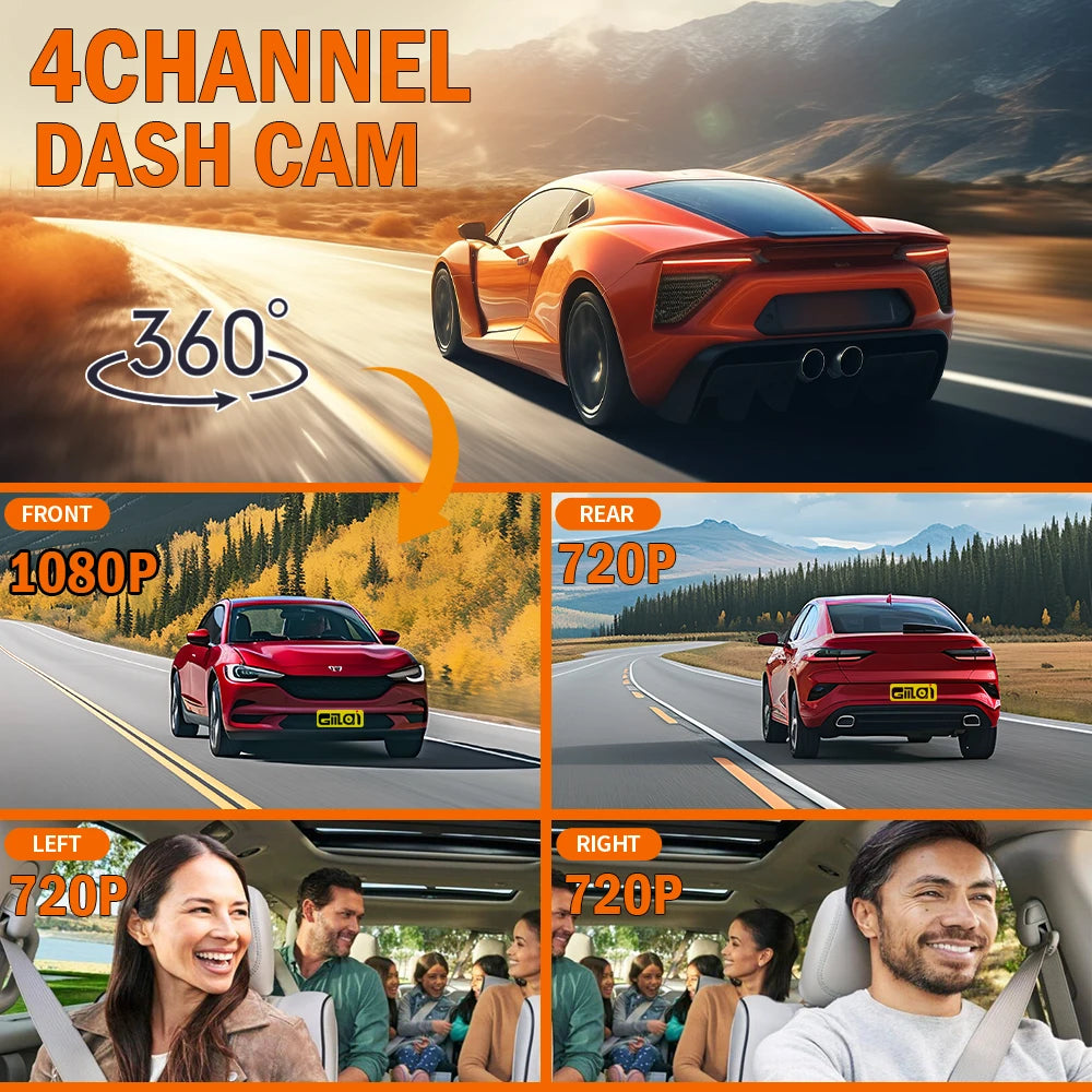 4-channel dash cam for car with front and rear views, wide 360° angle