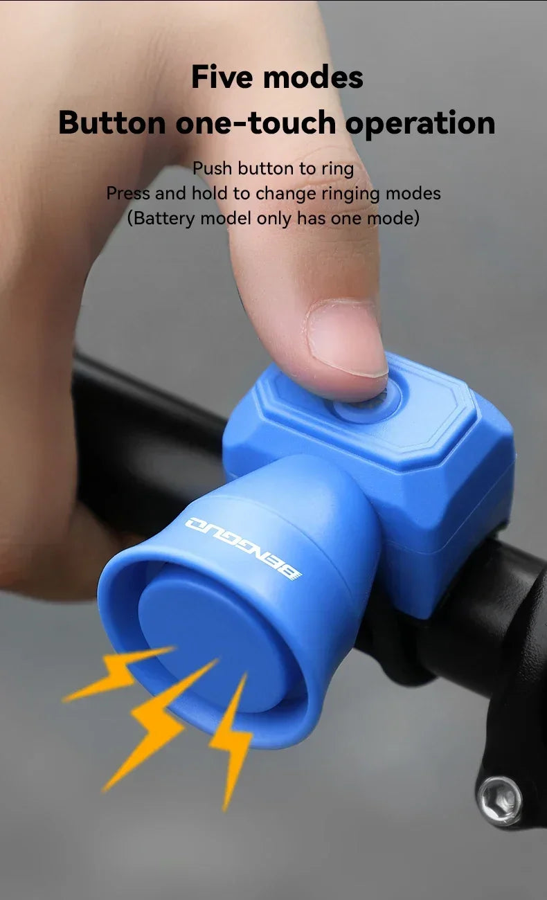 Blue one-touch bike horn bell handlebar button, showing multi-mode operation