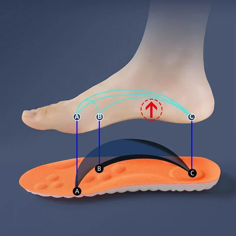 Orange running insole with diagram showing cushioning support points underfoot