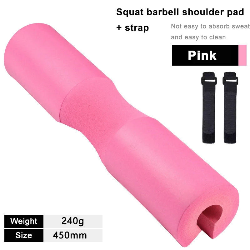 Pink barbell squat shoulder pad with foam center and adjustable strap