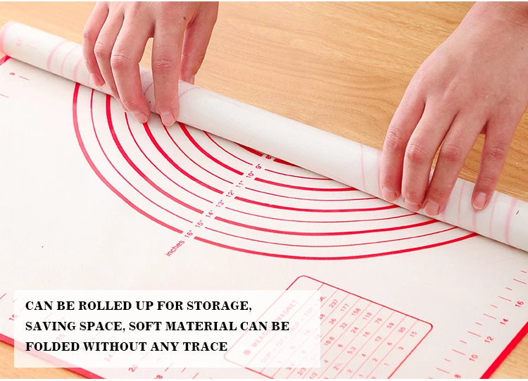 Rolled silicone dough mat showing red circular guides and folding for storage