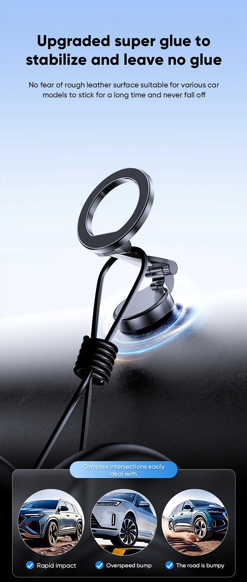 Upgraded magnetic car phone holder with round ring and suction-like base, black