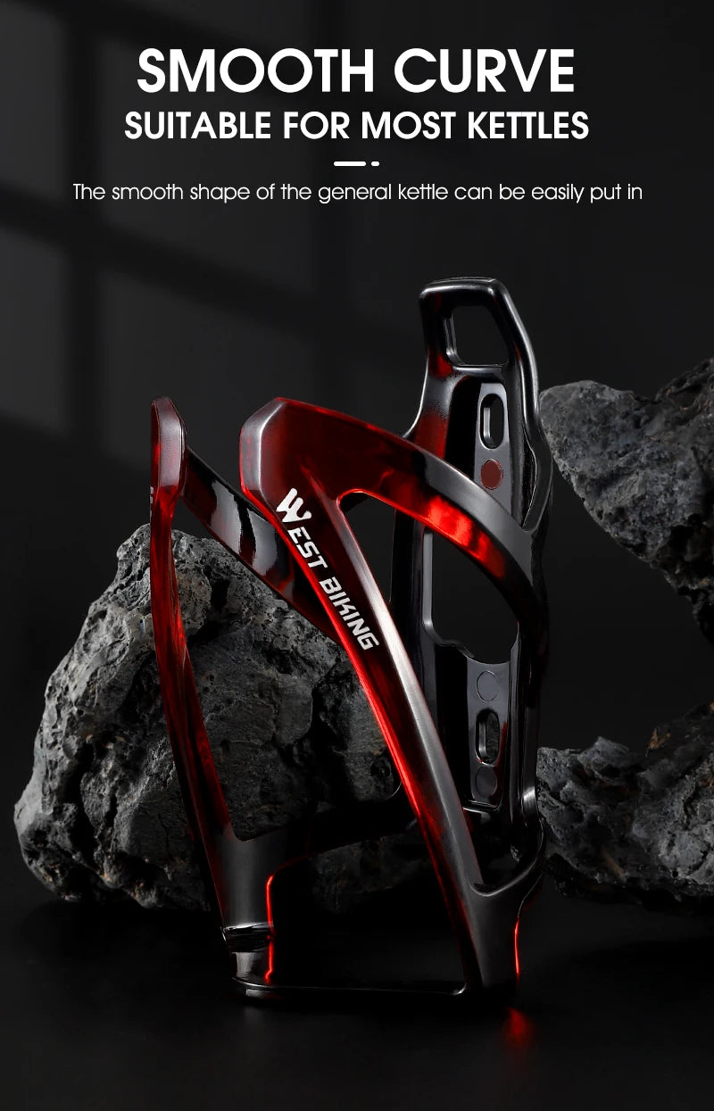 Red and black bike water bottle cage with glossy red stripe and front opening.