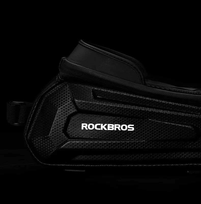 Black ROCKBROS bicycle frame phone bag with front logo panel