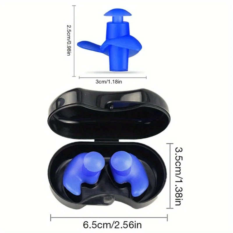 Reusable silicone swimming earplugs with storage case, blue ear inserts and sizing