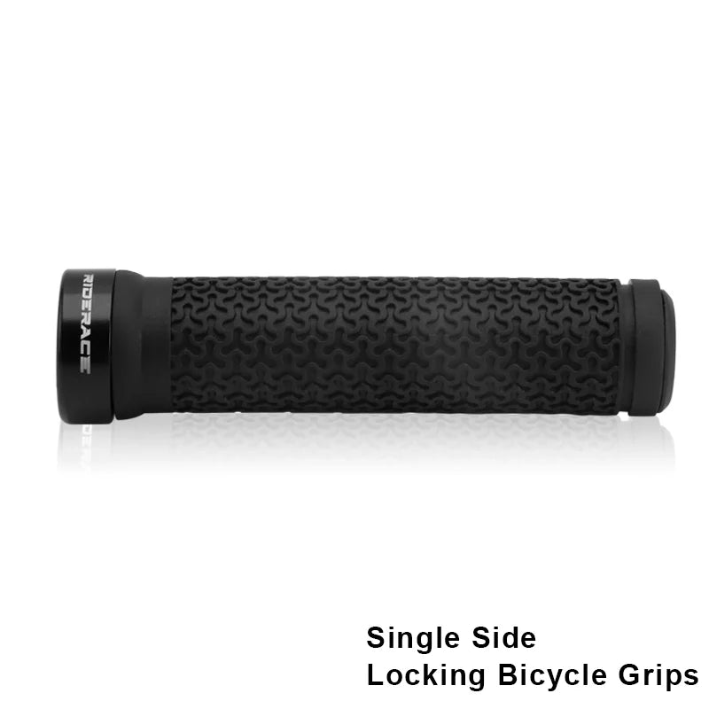 Black single-side locking bike handlebar grip, textured rubber with end caps