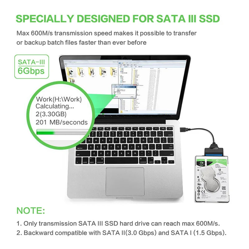 SATA III to USB cable for 2.5-inch SSD/HDD, shown connecting to a laptop