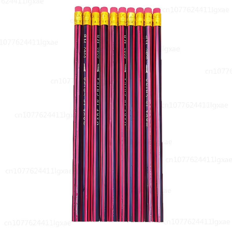 Row of pink-red HB wooden sketch pencils with yellow ferrules and sharpened points.