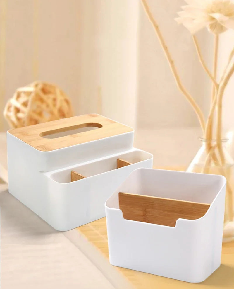 Set of white plastic storage boxes, one with tissue cutout and one smaller bin