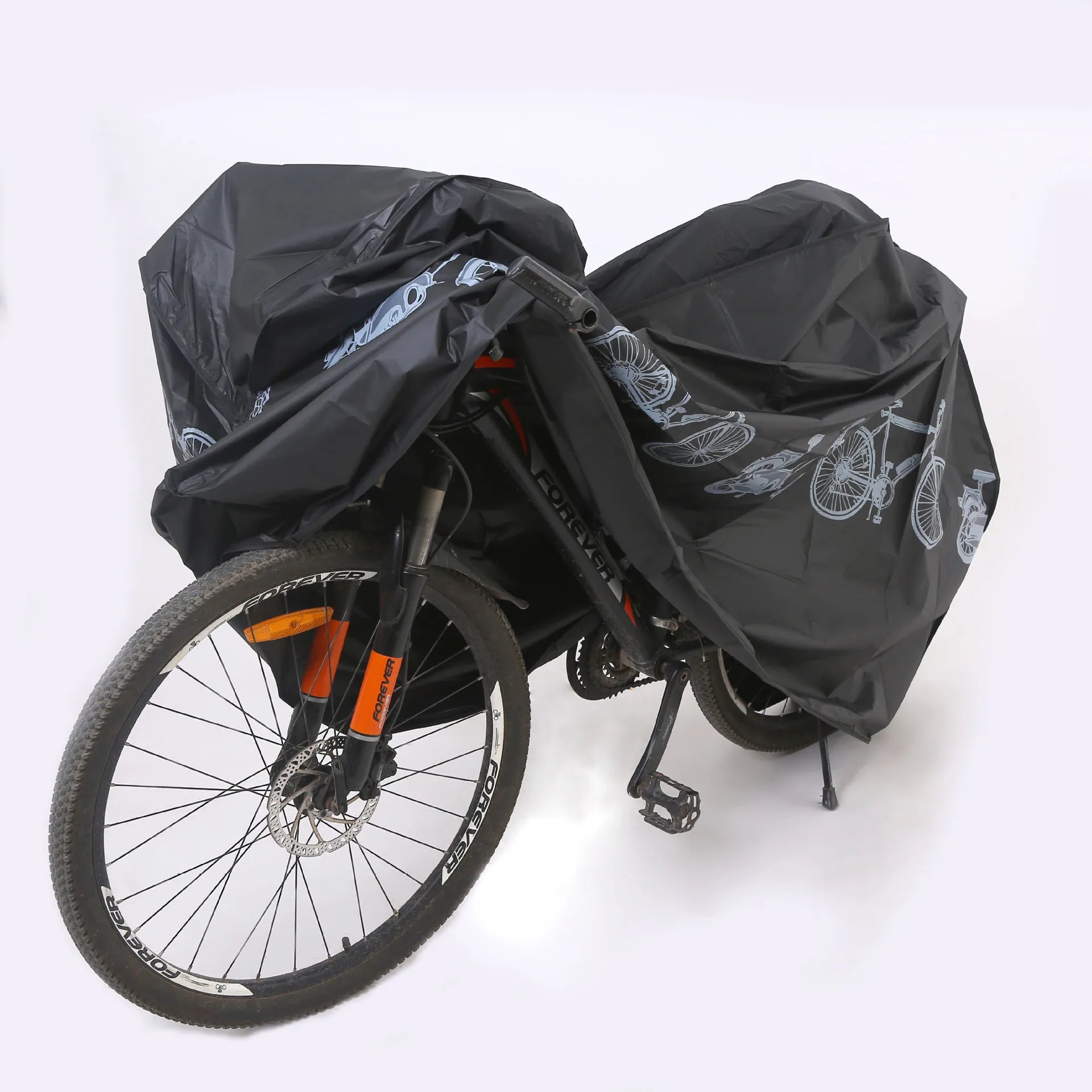 Black waterproof bike cover over mountain bike with zippered front opening
