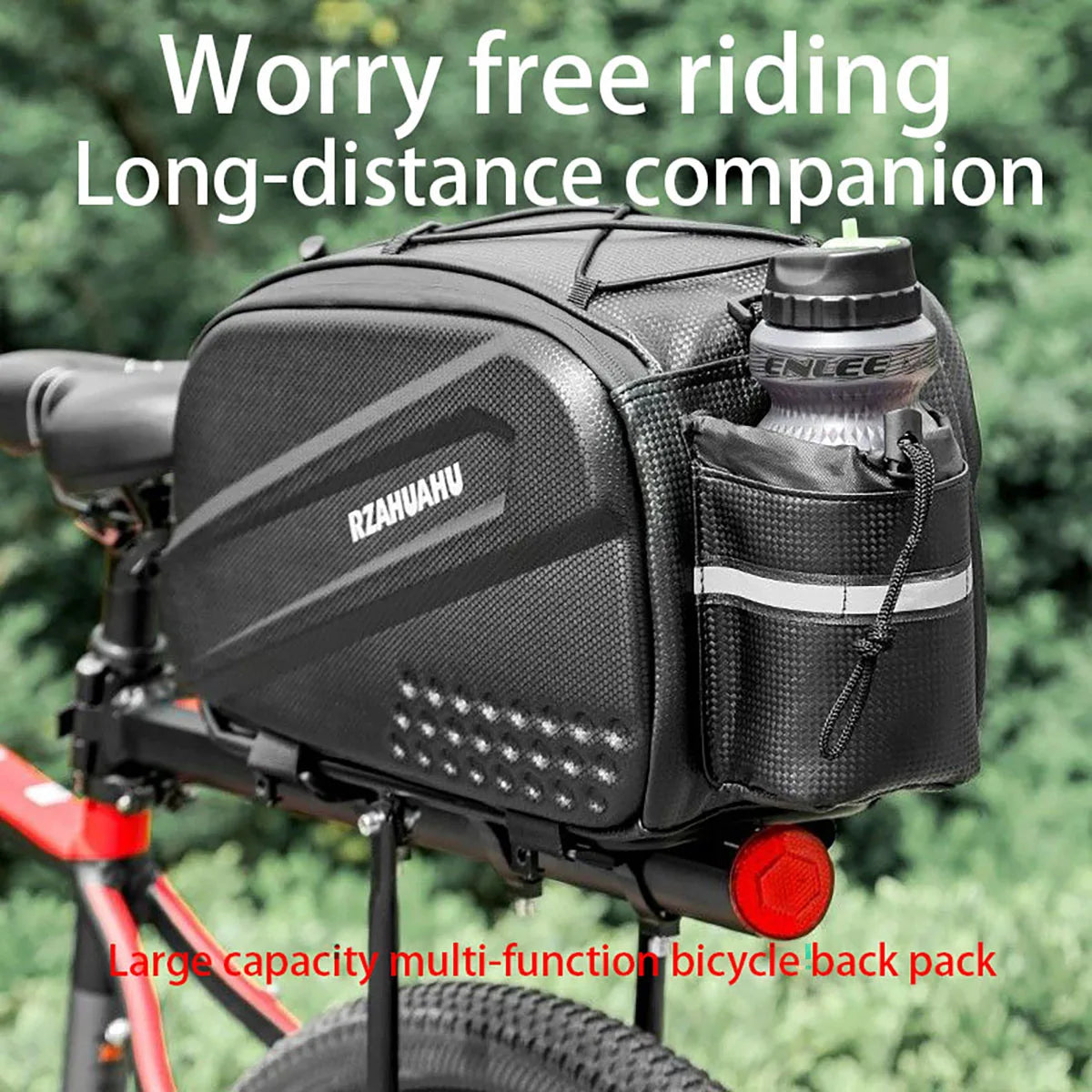 Black hard-shell bicycle rear pack on bike with bottle pocket and top carry handle