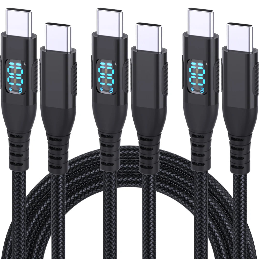 Multiple black braided USB-C to USB-C charging cables with Type-C ends