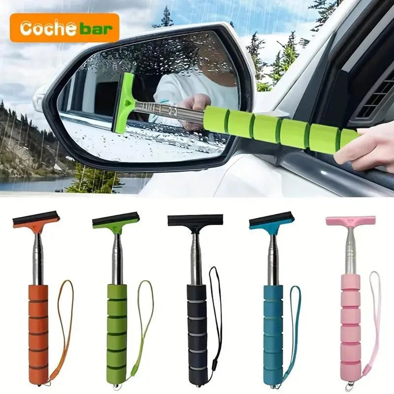 Telescopic rearview mirror wiper with green handle and metal extension, black rubber blade