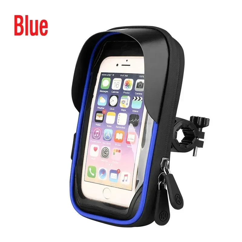 Blue waterproof phone holder case with clear window and handlebar bracket