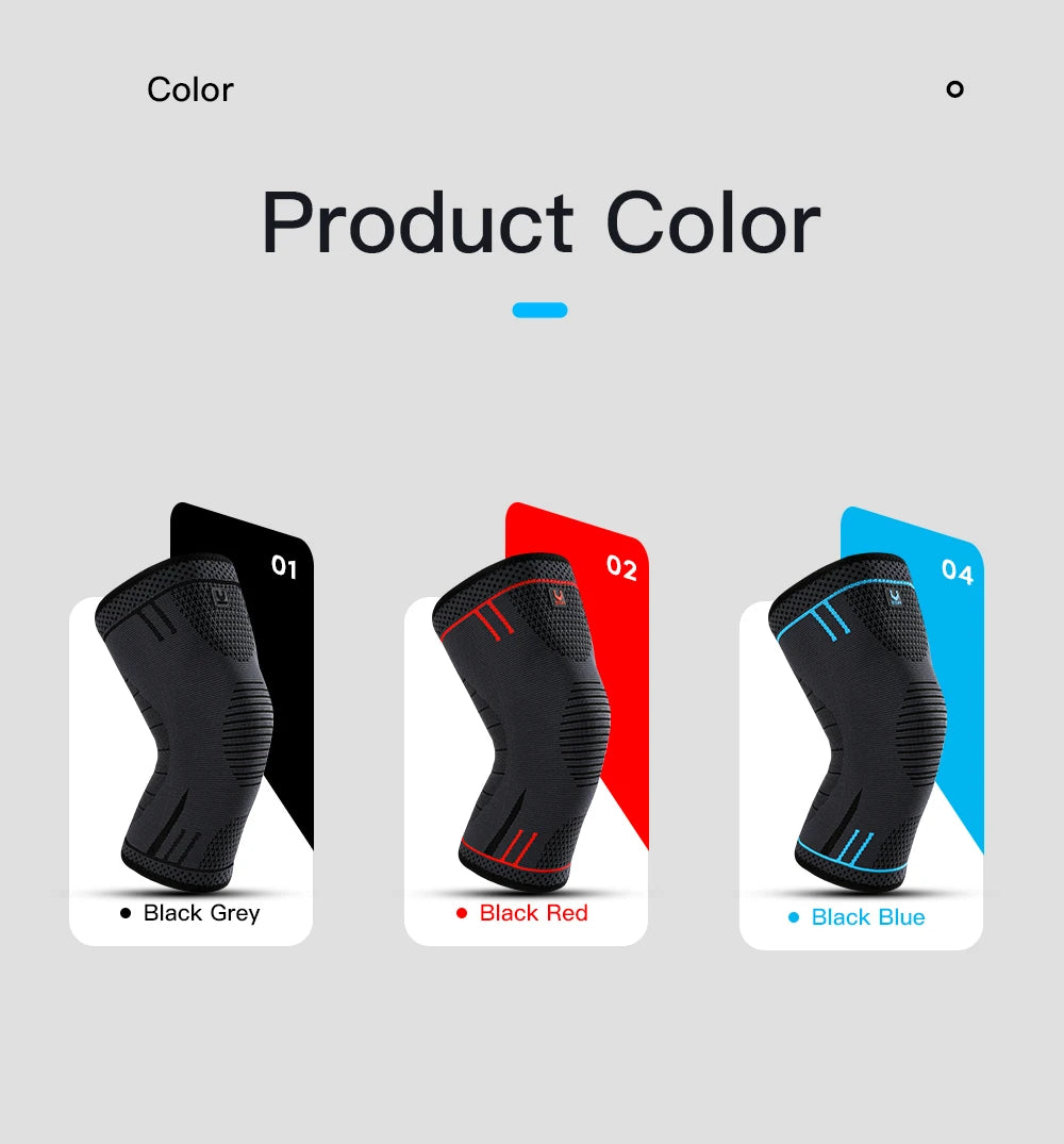 Knee support sleeve color chart showing black, black/red, and black/blue options
