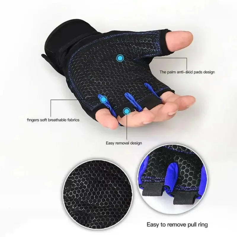 Black gloves with blue anti-slip palm pads and breathable mesh fabric; pull-ring detail.