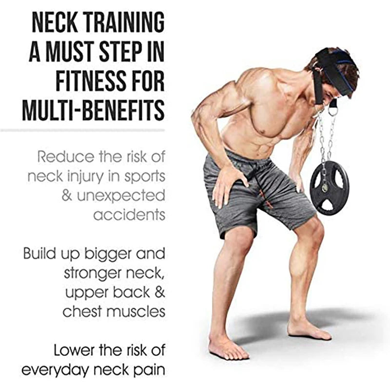 Black neck training harness with head cap and chin strap, attached to steel chain weight