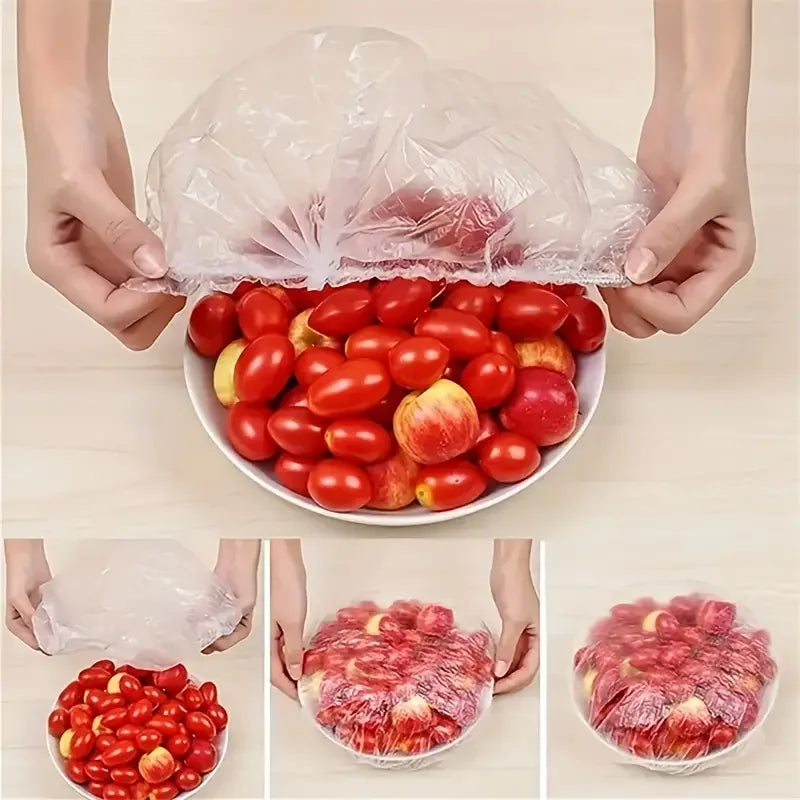 Disposable clear food cover plastic wrap sheet over a bowl of tomatoes