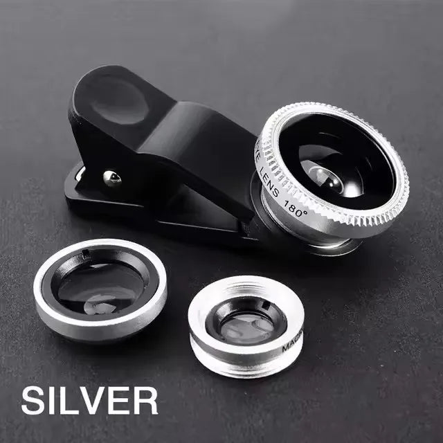 Silver 3-in-1 phone camera lens set with clip and three round lens attachments