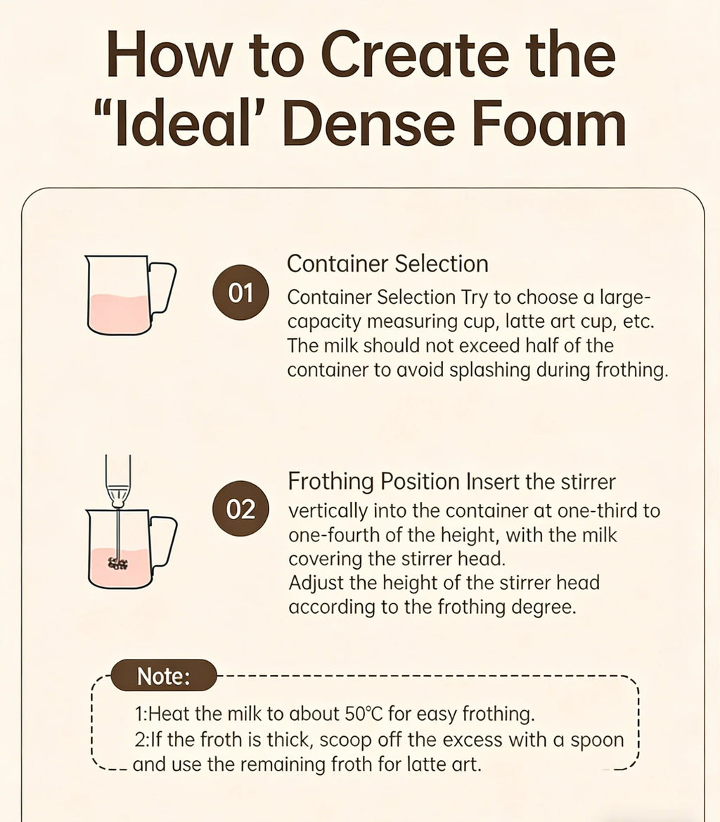 White handheld electric milk frother whisking in a bowl of foam