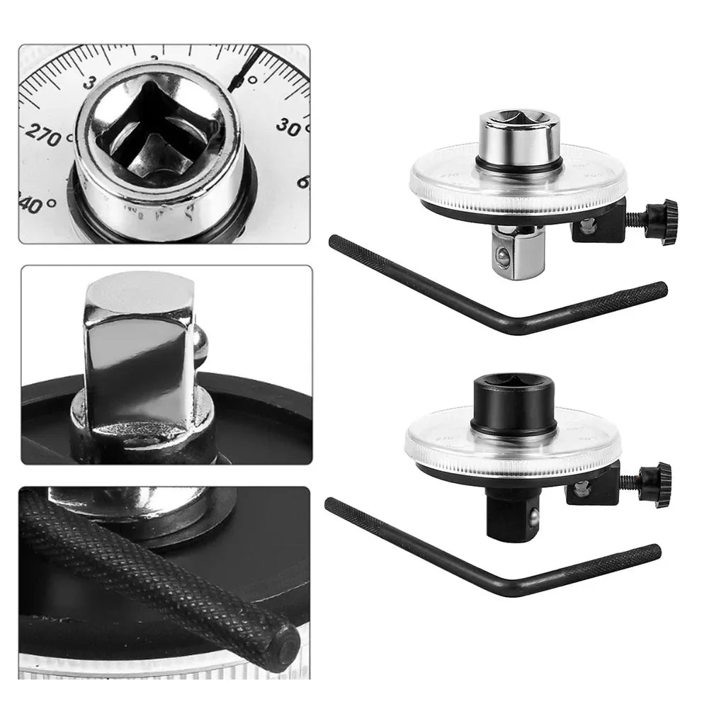 Torque meter dial wrench with silver base and black L-handle, two views
