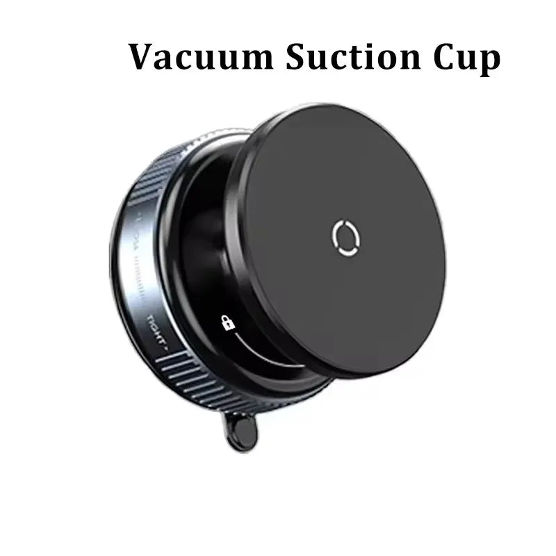Black vacuum suction phone holder with round magnetic disk and ribbed adjustment ring