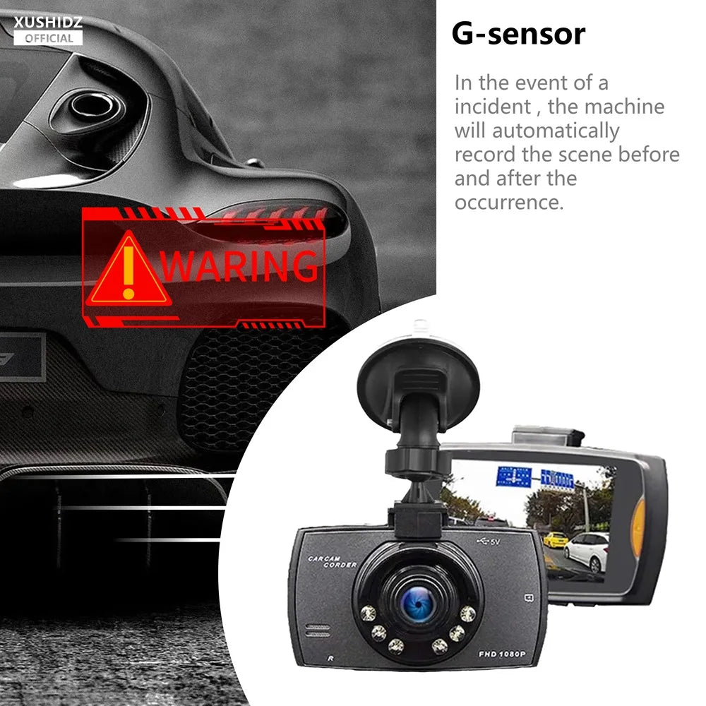 Compact dash camera with suction mount and front display, black housing, visible lens