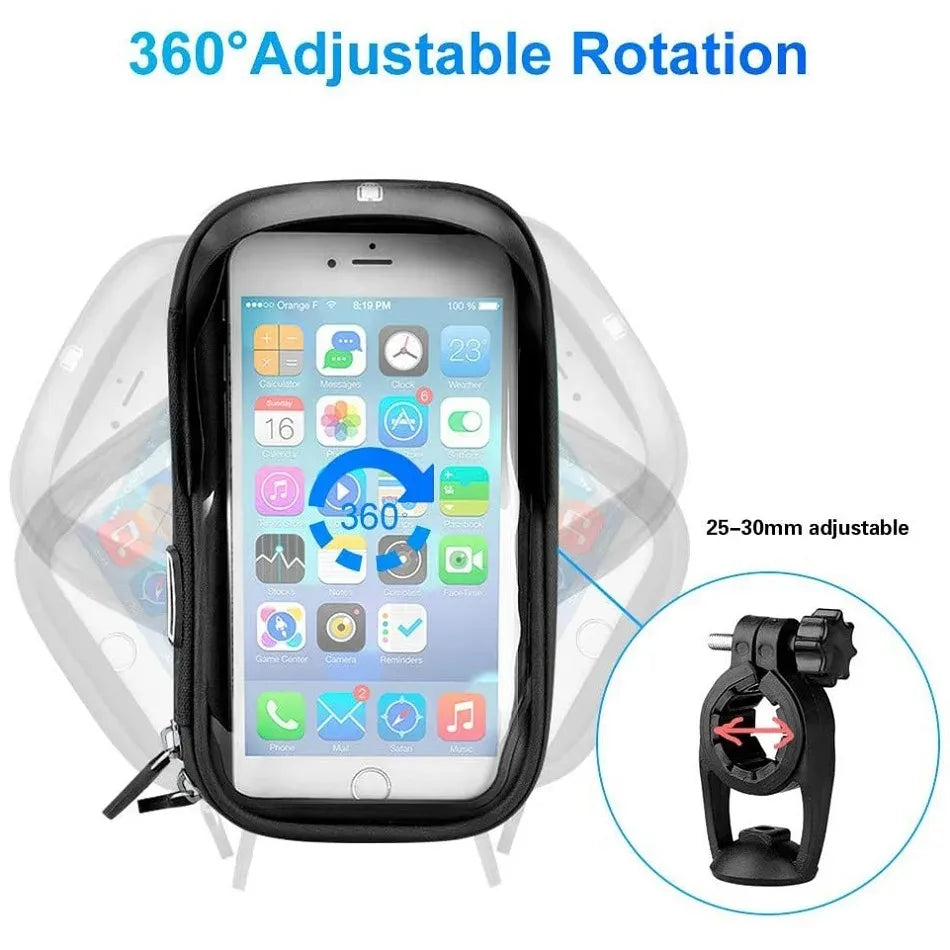 Black waterproof phone bag with adjustable mount and clear touchscreen window