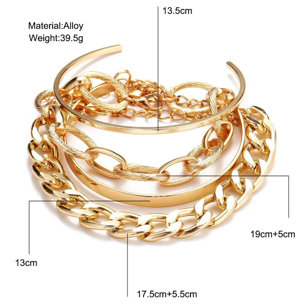 Gold-tone chunky chain and open bangle bracelet set with size measurement labels