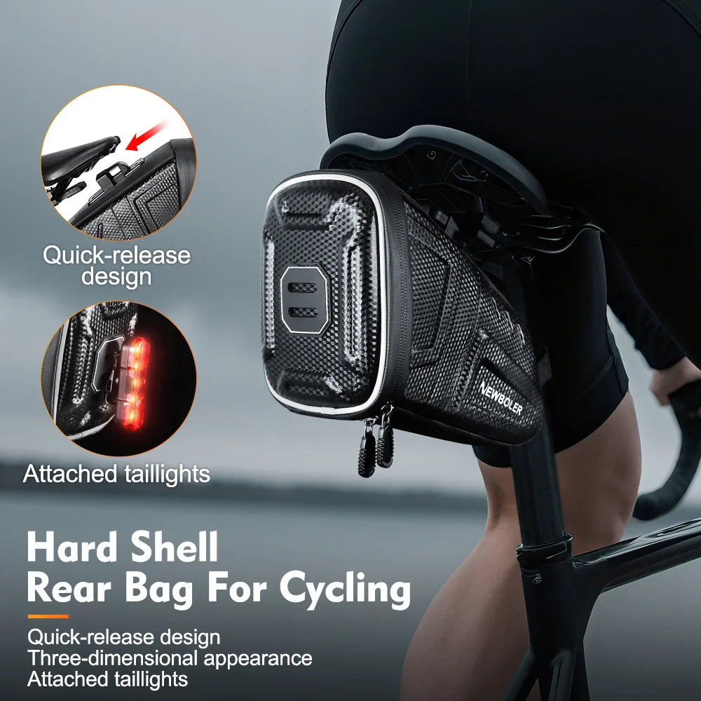 Black carbon-fiber patterned waterproof bicycle saddle bag with reflective edge and zipper pouch