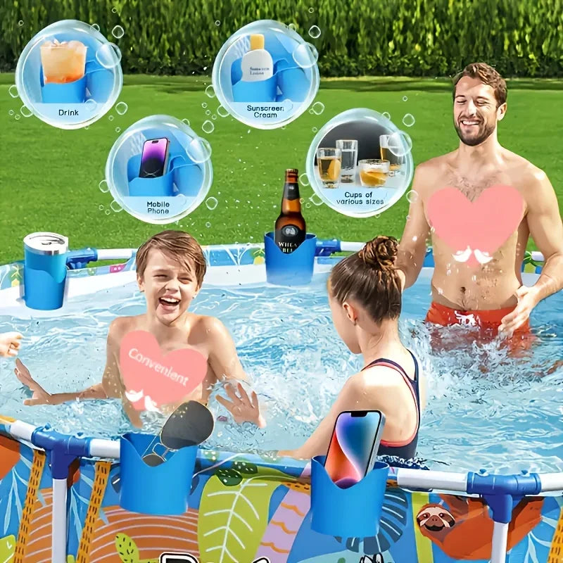 Blue poolside storage rack with three cup holders for drinks and sanitizer