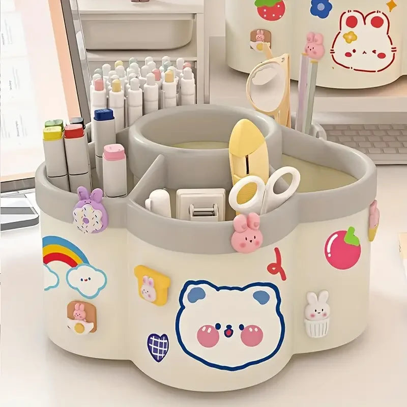 Cream desktop pen holder organizer with bear face and icons, holds markers and clips