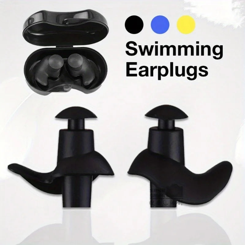 Reusable silicone swimming earplugs with storage case, black inserts and blue/yellow options