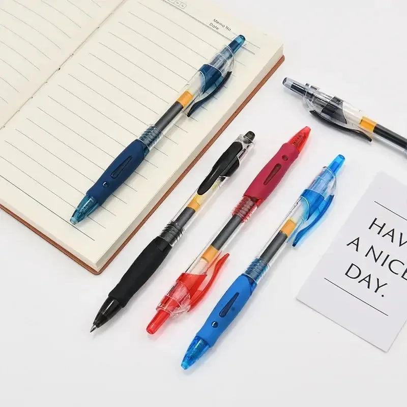 Retractable gel pens in blue, black, and red